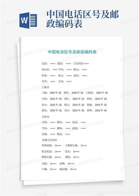 中国电话区号及邮政编码表Word模板下载_编号ldmrgjjg_熊猫办公