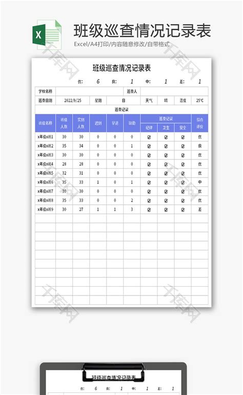 班级巡查情况记录表Excel模板_千库网(excelID：178642)
