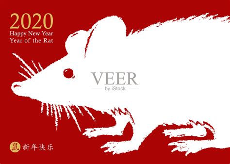 2020年的鼠年。向量名片设计。手绘黑色巨大的老鼠图标在白色的背景。十二生肖动物的象征。中国象形文字翻译:2020年新年快乐，老鼠。插画图片 ...
