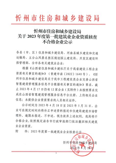 忻州市住房和城乡建设局关于2022年度第二批建筑业企业双随机核查结果的公示