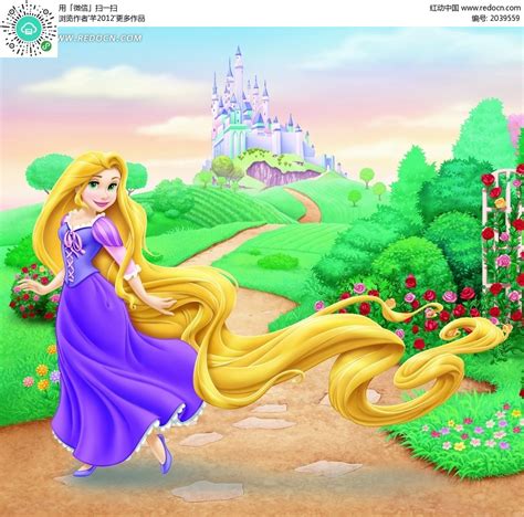 草地上长头发的迪士尼公主卡通画PSD素材免费下载_红动网