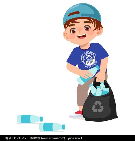 男孩捡瓶子做卫生插画图片下载_红动中国