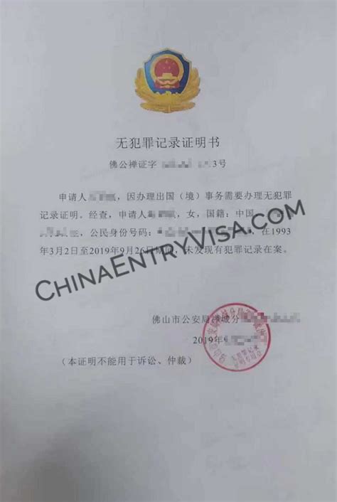 中国佛山市无犯罪记录证明书样本 | 办理中国签证