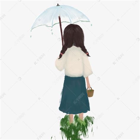 雨中撑着伞漫过草地的小女孩背影免抠图素材图片免费下载-千库网