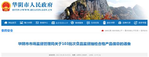 陕西省华阴市市场监管局公布103批次食品抽检合格信息-中国质量新闻网