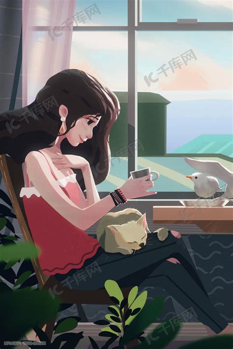 坐在窗边的女生和她的猫插画图片-千库网