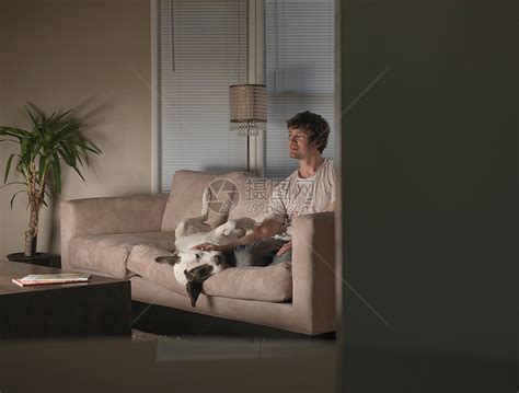 人和狗在沙发上看电视高清图片下载-正版图片501443263-摄图网