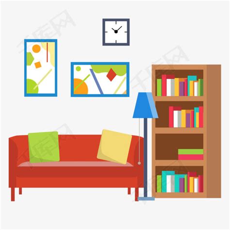 客厅房间起居室扁平风格沙发书柜和挂画素材图片免费下载-千库网