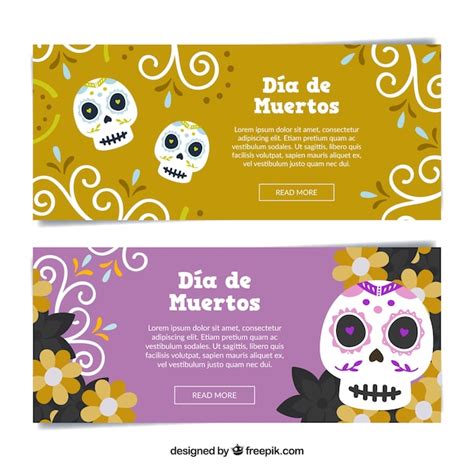 Free Vector | Mexican skulls beautiful banners with ornaments