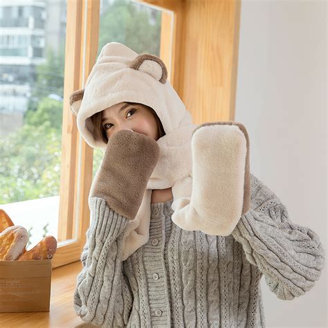 韩版冬季手套帽子围巾三件套一体女围脖圣诞鹿角羊羔绒加厚围巾-阿里巴巴