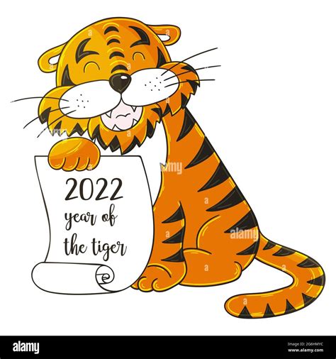 Symbol of 2022. Vector illustration with tiger in hand draw style. New Year 2022. The ...