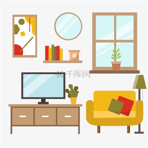 客厅房间起居室扁平风格电视柜沙发和窗户素材图片免费下载-千库网