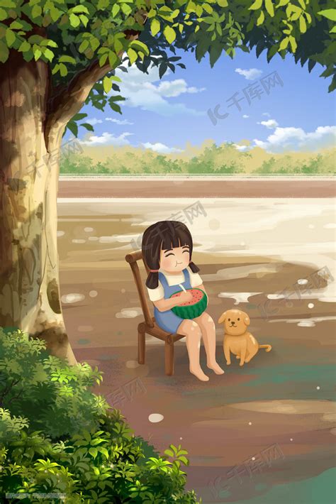大树下乘凉吃西瓜的小女孩插画图片-千库网