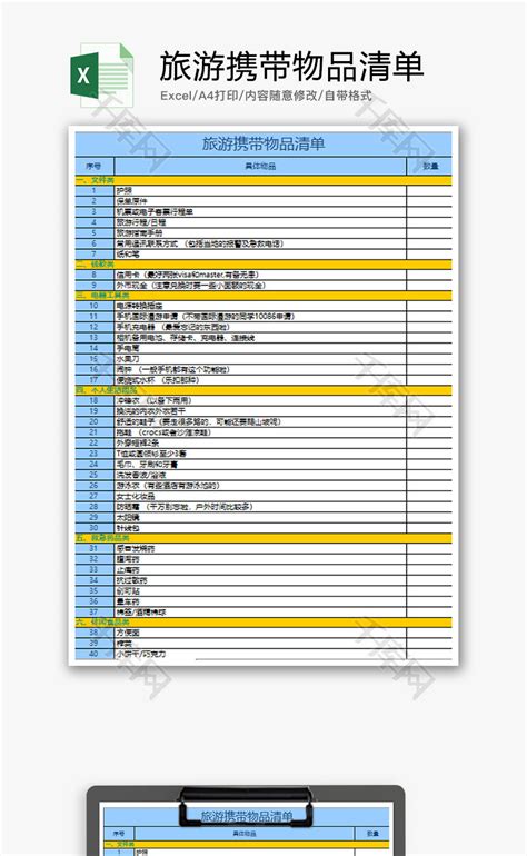 个人 旅游携带物品清单 Excel模板_千库网(excelID：60232)