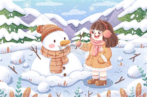 小清新下雪天女孩和雪人玩耍卡通插画插画图片下载-正版图片402024917-摄图网