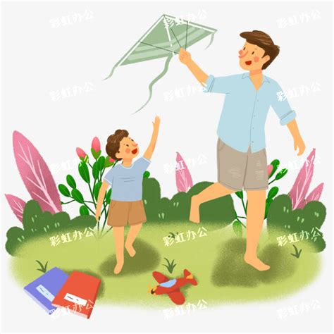 父子春游玩耍放风筝手绘 - 彩虹办公