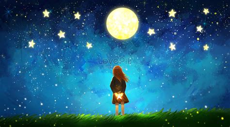 创意星空月亮女孩手绘卡通夜空背景背景图片素材免费下载_熊猫办公