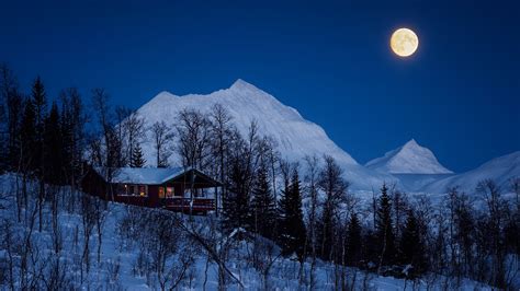 Image Winter Nature Mountains Moon Snow Night Trees Houses 2560x1440