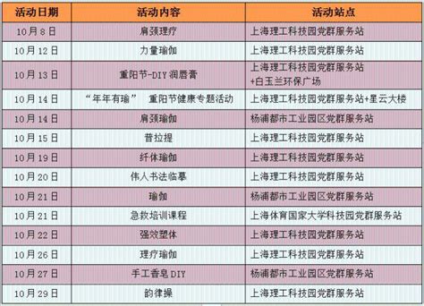 杨浦长海各园区和楼宇党群服务站10月联建主题活动排片表