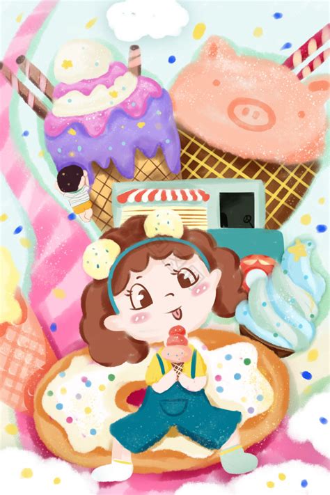 吃冰激凌的小女孩插画图片-包图网