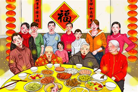 手绘全家福新年春节家人聚餐原创新年聚餐海报插画图片素材免费下载 - 觅知网