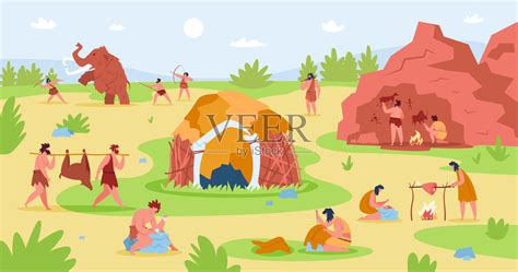 原始人生活场景中的石器时代人物插画图片素材_ID:423159614-Veer图库
