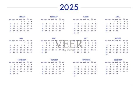 2025年日历设置经典严格风格。壁挂式日历时间表，最小限度限制的业务设计笔记本和计划。一周从周日开始插画图片素材_ID:393478632 ...