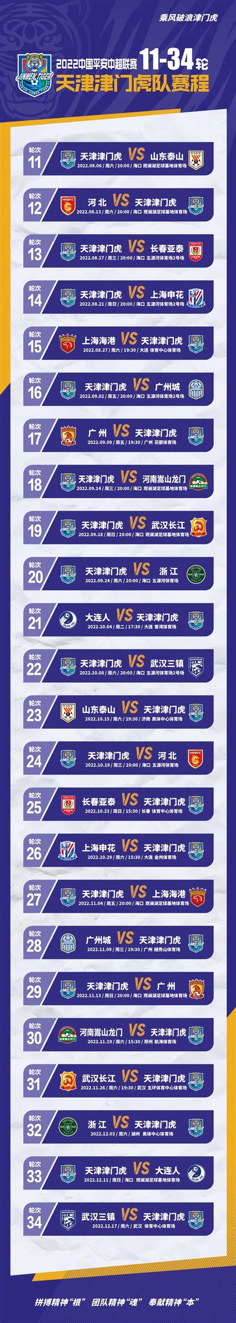 2022天津津门虎队中超第二阶段赛程-2022中超联赛天津津门虎队第二阶段赛程安排一览-艾卡体育