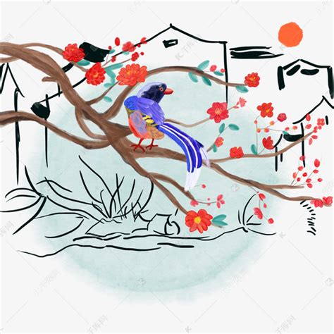 中国风水墨水彩工笔腊梅喜鹊登枝手绘免抠高清图素材图片免费下载-千库网