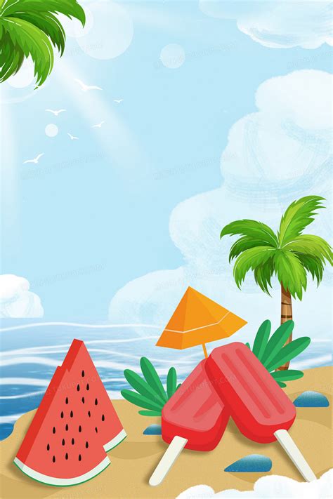 夏季清凉沙滩大海西瓜清凉二十四节气小暑大暑夏天背景背景图片素材免费下载_熊猫办公