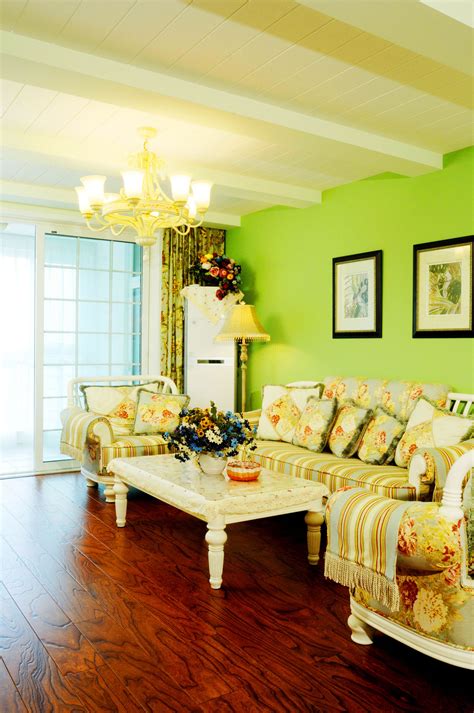 美式乡村风格简约清爽客厅绿色墙面漆设计图 – 设计本装修效果图