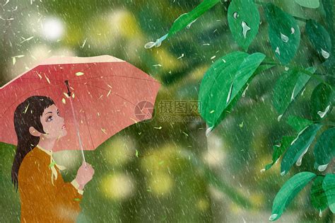 女孩雨天撑伞插画图片下载-正版图片400129080-摄图网