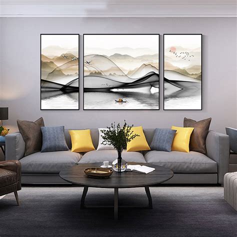 新中式客厅装饰画现代简约抽象山水壁画沙发背景墙意境挂画三联画-美间设计