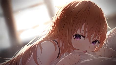 Wallpaper : anime girls, redhead, purple eyes, in bed, long hair ...