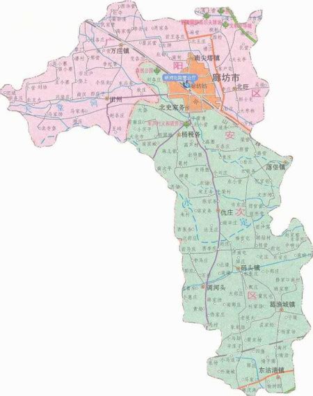 廊坊市行政区划地图：廊坊市辖2个区、6个县，代管2个县级市分别是哪些？