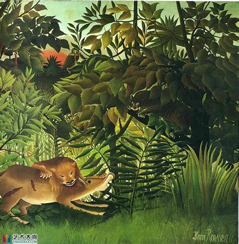 吞食猎物的狮子,一头狮子正在吞食它的猎物油画经典作品欣赏_卢梭-艺术大咖