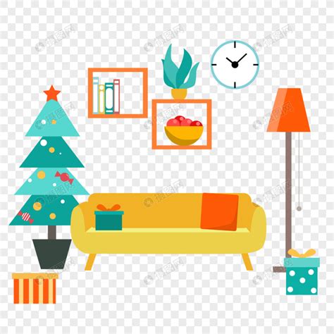 客厅房间起居室扁平风格黄色沙发和圣诞树元素素材下载-正版素材402082521-摄图网