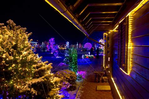 圣诞美丽的冬夜树木和屋灯光亮高清图片下载-正版图片303234239-摄图网
