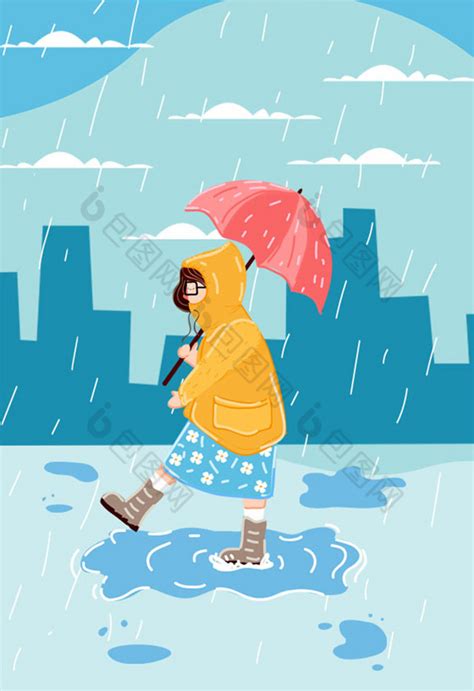 在雨季漫步得小女孩插画图片-包图网