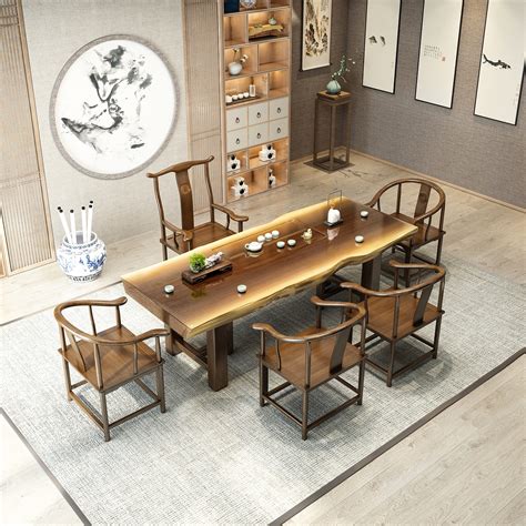 新中式实木茶桌原木大板茶台客厅接待会客泡茶桌椅办公室茶室家具-阿里巴巴