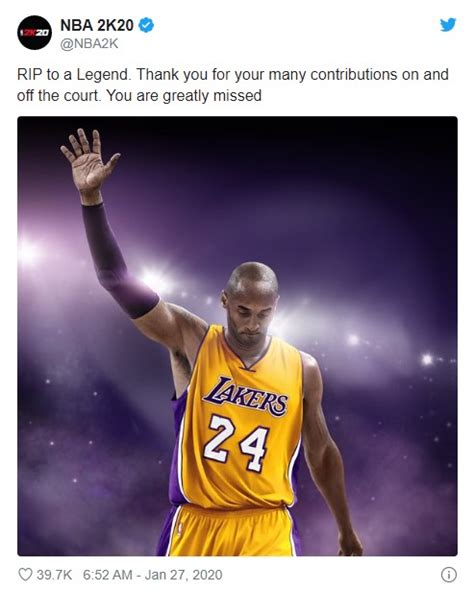 NBA传奇巨星科比意外去世 玩家在《NBA 2K20》中自发纪念-斑马网