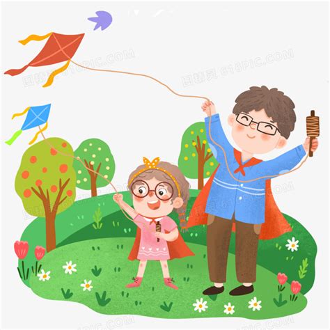 手绘卡通爸爸和女儿放风筝带娃插画免抠元素图片免费下载_PNG素材_编号1m9ir42l3_图精灵