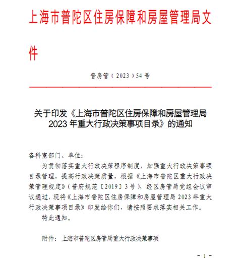 关于印发《上海市普陀区住房保障和房屋管理局2023年重大行政决策事项目录》的通知_重大行政决策_房管局