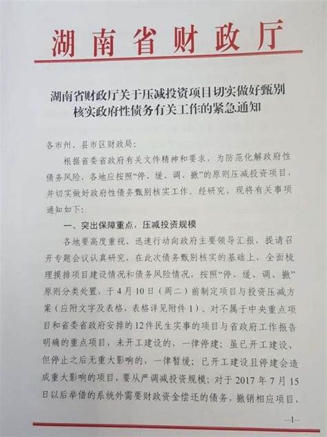 湖南省财政厅关于压减投资项目切实做好甄别核实政府性债务有关工作的紧急通知 - 布谷资讯