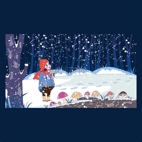 冬季雪地上小女孩采蘑菇素材图片免费下载-千库网