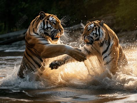 两只老虎打架野生动物猛兽大型猫科动物ai绘画 - 觅知网