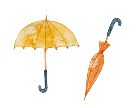 Premium Photo | Watercolor open yellow umbrella, closed orange umbrella ...