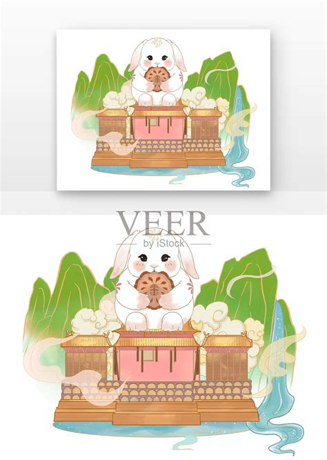 古风国风兔子和建筑山水兔子吃月饼云朵元素设计元素图片_ID:426156171-Veer图库