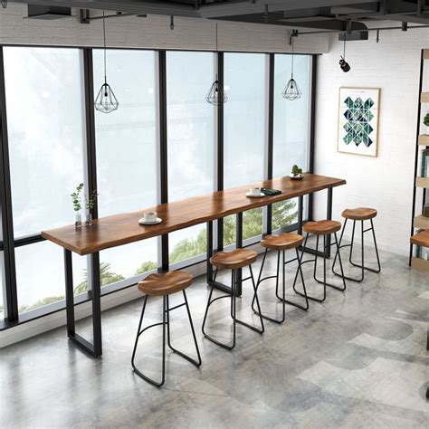 自然边实木吧台桌椅组合定做餐厅奶茶店高脚餐桌家用靠墙长条 ...