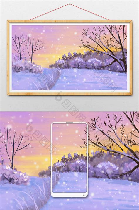 冬天夕阳下的雪景插画图片-包图网